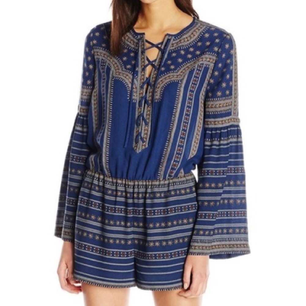BCBG MaxAzria “Nancie” Romper Navy Blue Lace Up Front Medallion Boho Print XXS